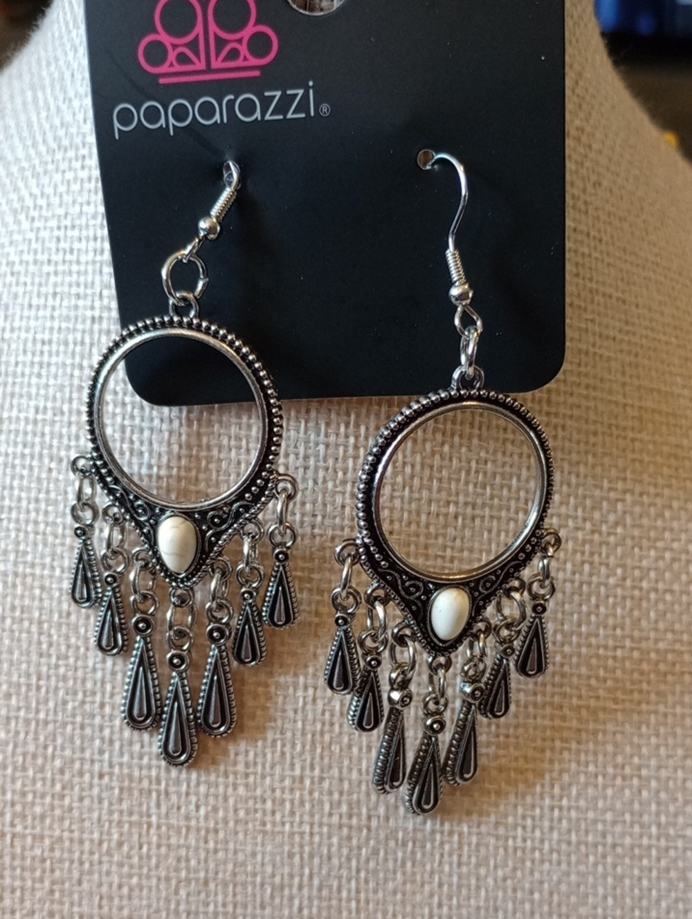 paparazzi Silver-Tone Boho Chandelier Earrings with White Stones